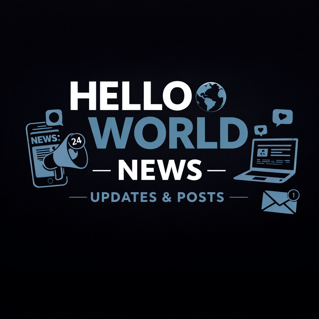 Hello World News logo with social media and communication icons